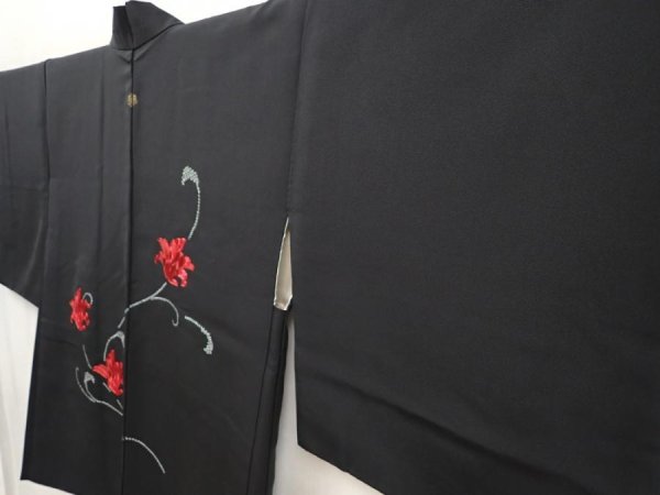 Photo2: 6709T11z570 Vintage Japanese Kimono Silk HAORI Flower Black (2)