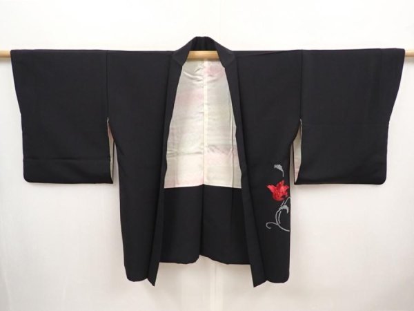 Photo6: 6709T11z570 Vintage Japanese Kimono Silk HAORI Flower Black (6)
