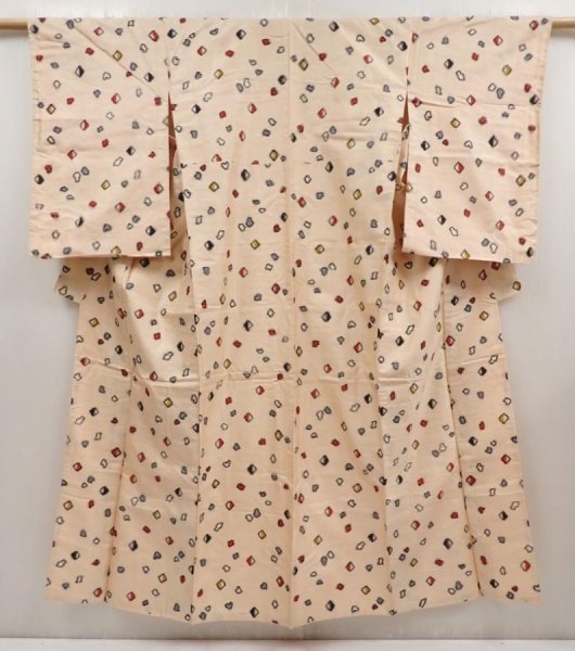 Photo1: 6709T12z620 Vintage Japanese Kimono Silk MEISEN KOMON Peach (1)