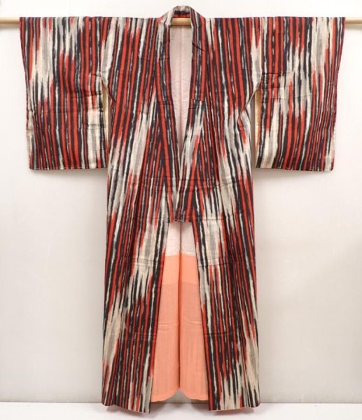 Photo8: 6709T13z670 Vintage Japanese Kimono Silk MEISEN KOMON  Dark red (8)