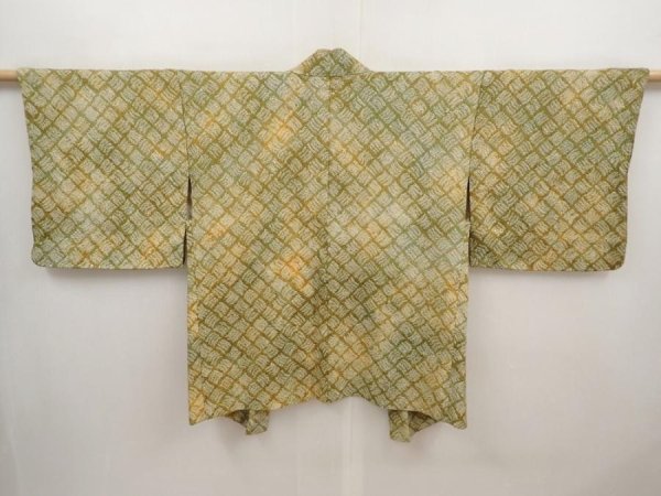 Photo1: 6710T08z420 Vintage Japanese Kimono Silk SHIBORI HAORI  Olive green (1)