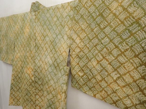 Photo2: 6710T08z420 Vintage Japanese Kimono Silk SHIBORI HAORI  Olive green (2)