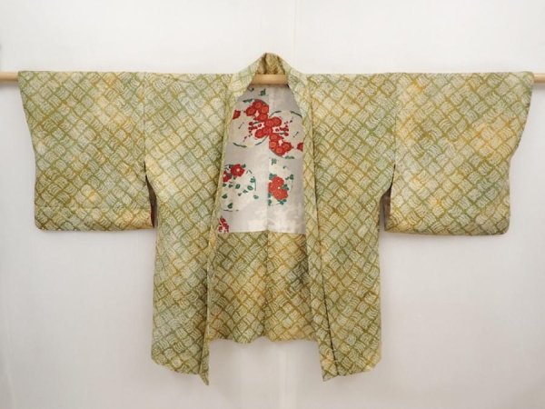 Photo5: 6710T08z420 Vintage Japanese Kimono Silk SHIBORI HAORI  Olive green (5)