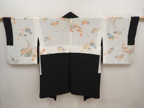 Photo1: 6710T10z590 Vintage Japanese Kimono Silk HAORI Flowers Black (1)