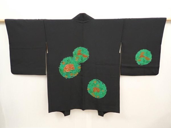 Photo3: 6710T10z590 Vintage Japanese Kimono Silk HAORI Flowers Black (3)