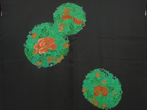 Photo5: 6710T10z590 Vintage Japanese Kimono Silk HAORI Flowers Black (5)