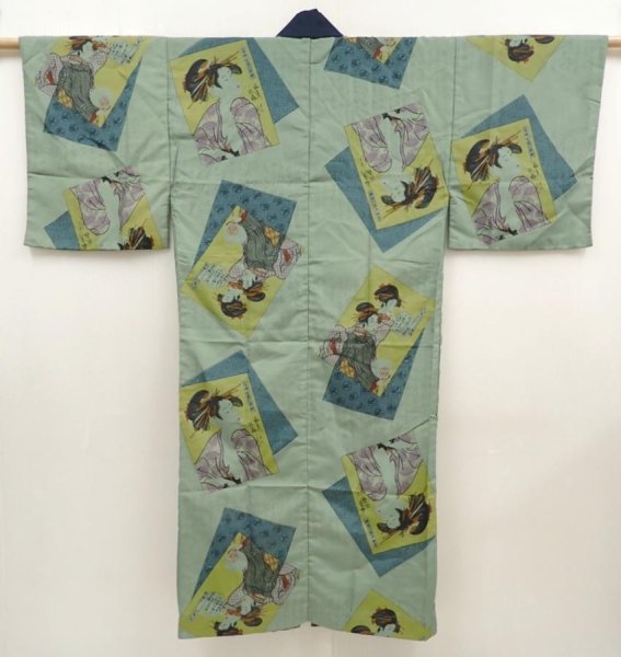 Photo1: 6710T11z370 Vintage Japanese Kimono Synthetic Men's JUBAN Ukiyoe Celadon (1)