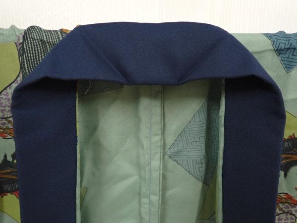 Photo5: 6710T11z370 Vintage Japanese Kimono Synthetic Men's JUBAN Ukiyoe Celadon (5)