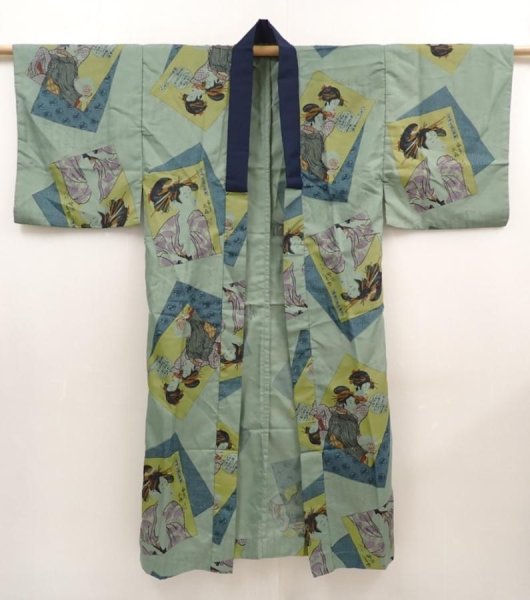 Photo6: 6710T11z370 Vintage Japanese Kimono Synthetic Men's JUBAN Ukiyoe Celadon (6)