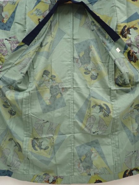 Photo7: 6710T11z370 Vintage Japanese Kimono Synthetic Men's JUBAN Ukiyoe Celadon (7)
