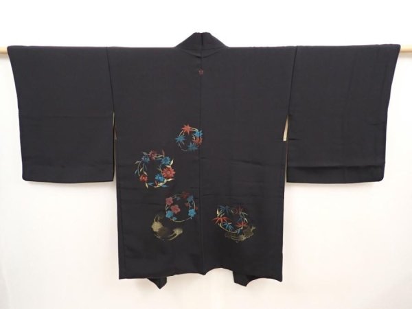 Photo1: 6710T01z550 Vintage Japanese Kimono Silk HAORI Flowers Black (1)