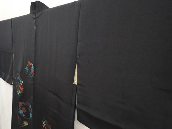 Photo2: 6710T01z550 Vintage Japanese Kimono Silk HAORI Flowers Black (2)