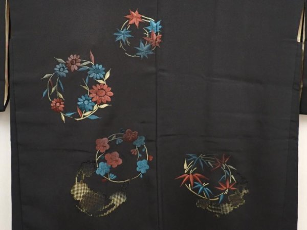 Photo3: 6710T01z550 Vintage Japanese Kimono Silk HAORI Flowers Black (3)