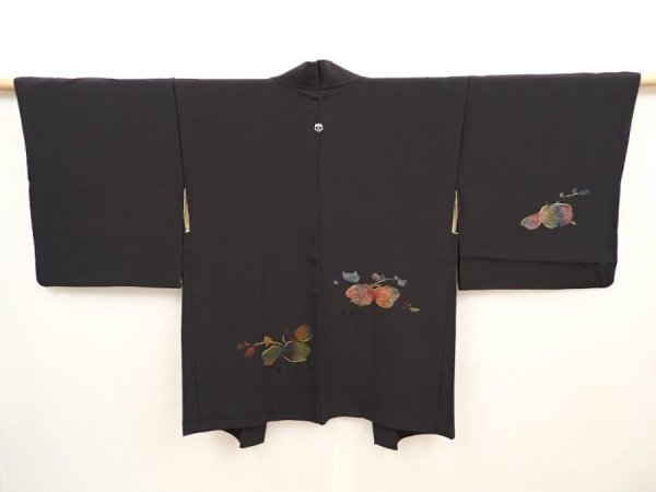 Photo1: 6710T04z560 Vintage Japanese Kimono Silk HAORI Leaf Black (1)