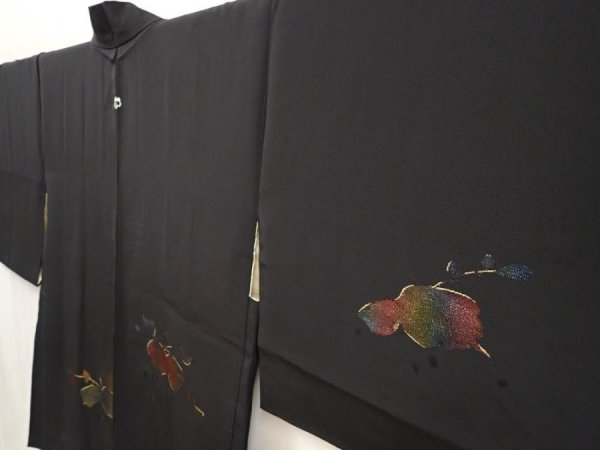 Photo2: 6710T04z560 Vintage Japanese Kimono Silk HAORI Leaf Black (2)