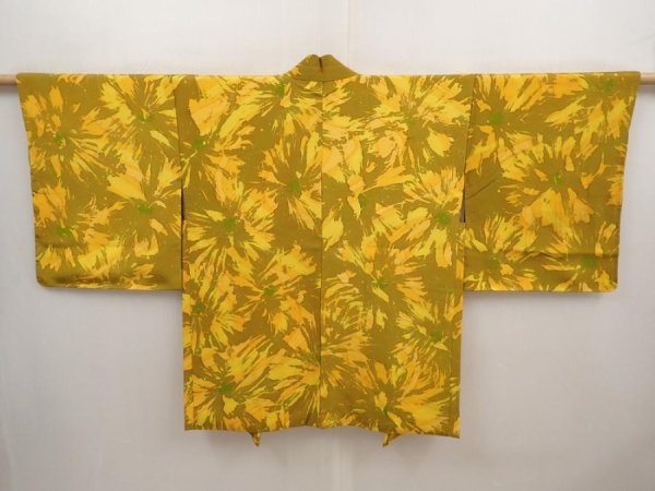 Photo1: 6710T06z520 Vintage Japanese Kimono Silk HAORI Flower Dark yellow (1)
