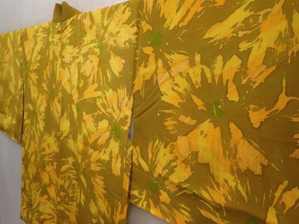 Photo2: 6710T06z520 Vintage Japanese Kimono Silk HAORI Flower Dark yellow (2)