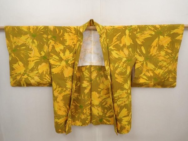 Photo5: 6710T06z520 Vintage Japanese Kimono Silk HAORI Flower Dark yellow (5)