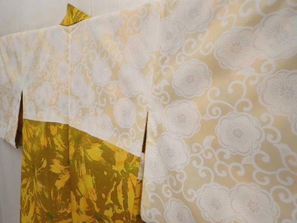Photo7: 6710T06z520 Vintage Japanese Kimono Silk HAORI Flower Dark yellow (7)