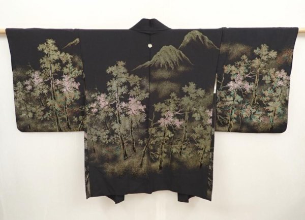 Photo1: 6713T01z670 Vintage Japanese Kimono Silk HAORI Trees Black (1)