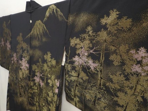 Photo2: 6713T01z670 Vintage Japanese Kimono Silk HAORI Trees Black (2)