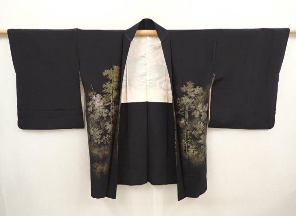 Photo6: 6713T01z670 Vintage Japanese Kimono Silk HAORI Trees Black (6)