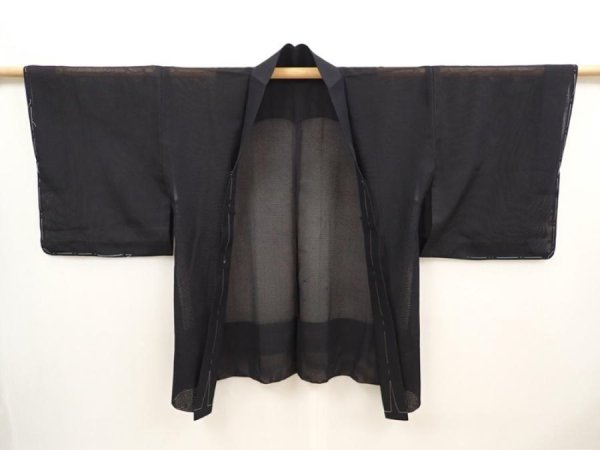 Photo5: 6713T02z250 Vintage Japanese Kimono Silk See through HAORI Plain Black (5)