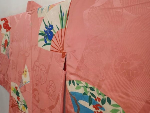 Photo2: 6713T04z490 Vintage Japanese Kimono Silk HAORI Folding fan Coral pink (2)