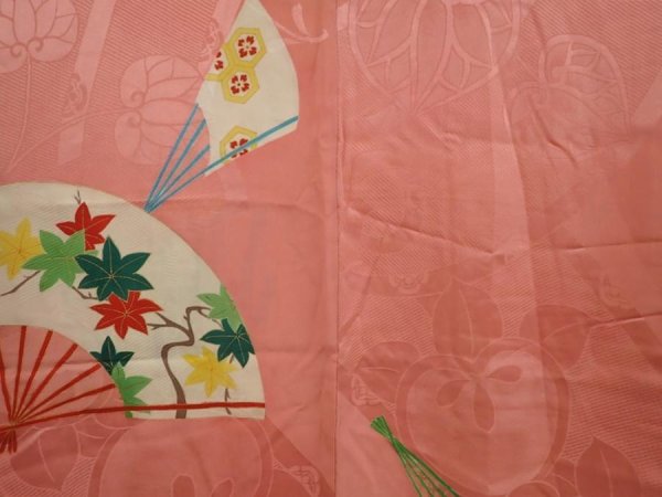 Photo3: 6713T04z490 Vintage Japanese Kimono Silk HAORI Folding fan Coral pink (3)
