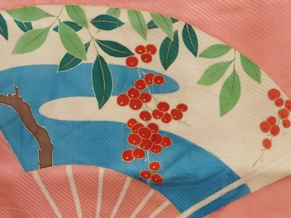 Photo4: 6713T04z490 Vintage Japanese Kimono Silk HAORI Folding fan Coral pink (4)
