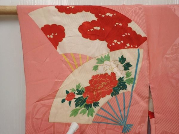 Photo5: 6713T04z490 Vintage Japanese Kimono Silk HAORI Folding fan Coral pink (5)