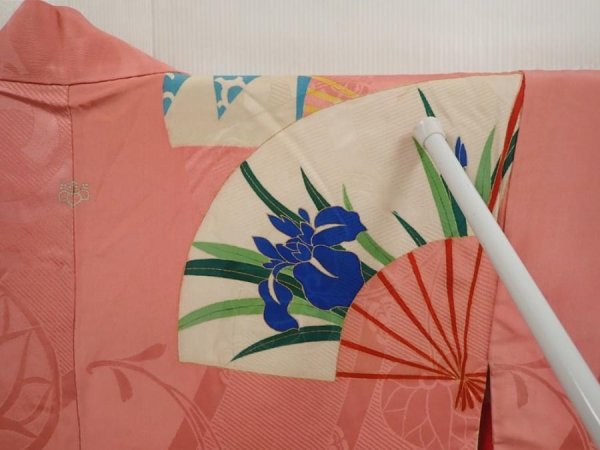 Photo7: 6713T04z490 Vintage Japanese Kimono Silk HAORI Folding fan Coral pink (7)