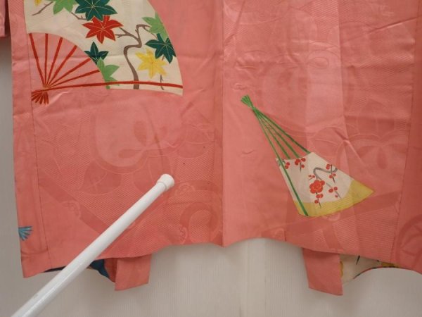 Photo8: 6713T04z490 Vintage Japanese Kimono Silk HAORI Folding fan Coral pink (8)