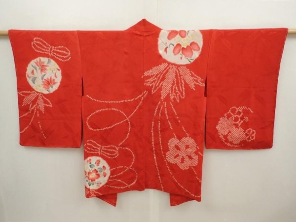 Photo1: 6713T05z370 Antique Japanese Kimono Silk HAORI Flowers Red (1)