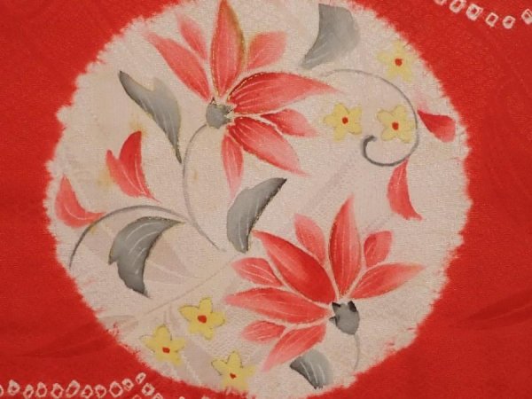 Photo4: 6713T05z370 Antique Japanese Kimono Silk HAORI Flowers Red (4)