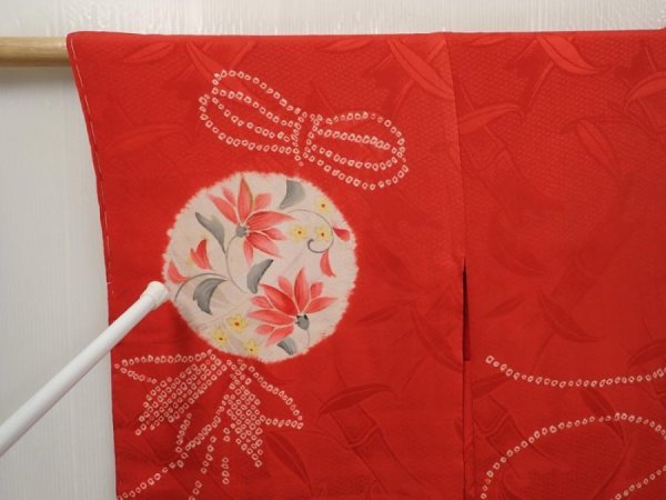 Photo5: 6713T05z370 Antique Japanese Kimono Silk HAORI Flowers Red (5)