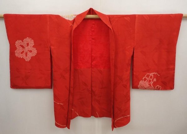Photo8: 6713T05z370 Antique Japanese Kimono Silk HAORI Flowers Red (8)
