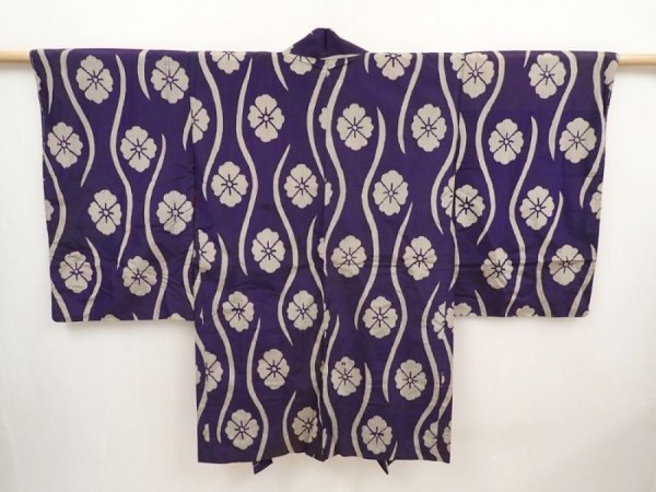 Photo1: 6713T07z420 Vintage Japanese Kimono Silk MEISEN HAORI Flower Dark purple (1)
