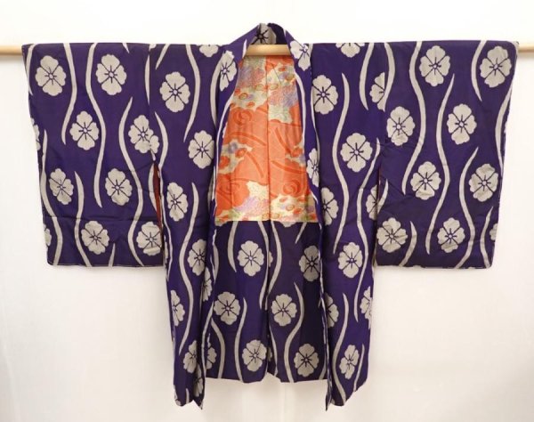 Photo6: 6713T07z420 Vintage Japanese Kimono Silk MEISEN HAORI Flower Dark purple (6)