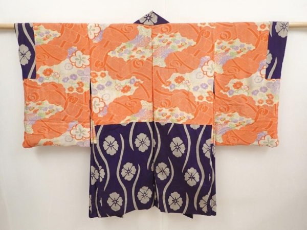 Photo8: 6713T07z420 Vintage Japanese Kimono Silk MEISEN HAORI Flower Dark purple (8)