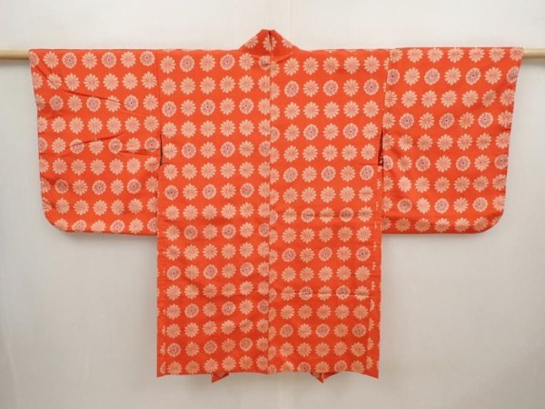 Photo1: 6713T08z490 Vintage Japanese Kimono Silk MEISEN HAORI Flower Orangered (1)