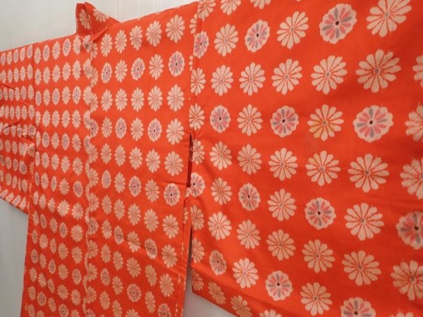 Photo2: 6713T08z490 Vintage Japanese Kimono Silk MEISEN HAORI Flower Orangered (2)
