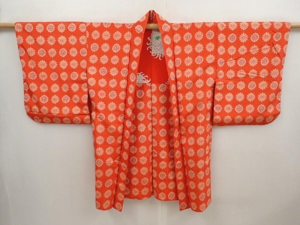 Photo6: 6713T08z490 Vintage Japanese Kimono Silk MEISEN HAORI Flower Orangered (6)