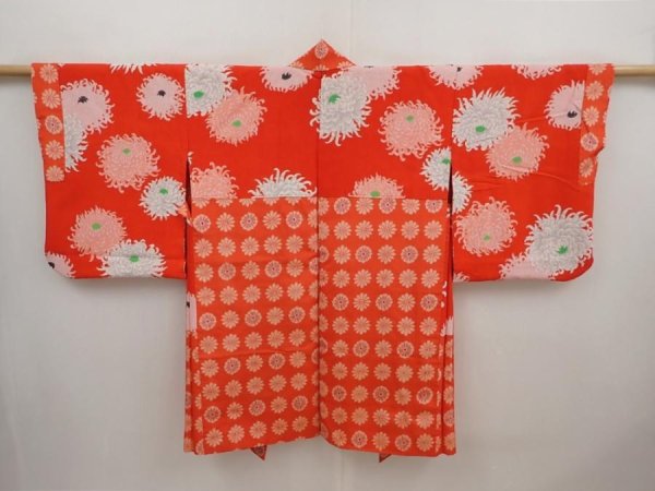 Photo8: 6713T08z490 Vintage Japanese Kimono Silk MEISEN HAORI Flower Orangered (8)