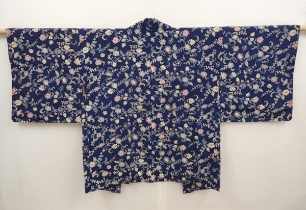 Photo1: 6713T11z400 Vintage Japanese Kimono Silk HAORI Flowers Navy (1)