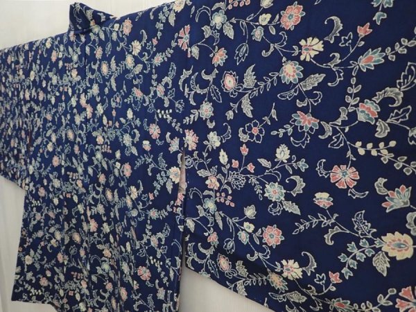 Photo2: 6713T11z400 Vintage Japanese Kimono Silk HAORI Flowers Navy (2)