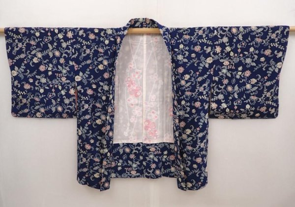 Photo6: 6713T11z400 Vintage Japanese Kimono Silk HAORI Flowers Navy (6)