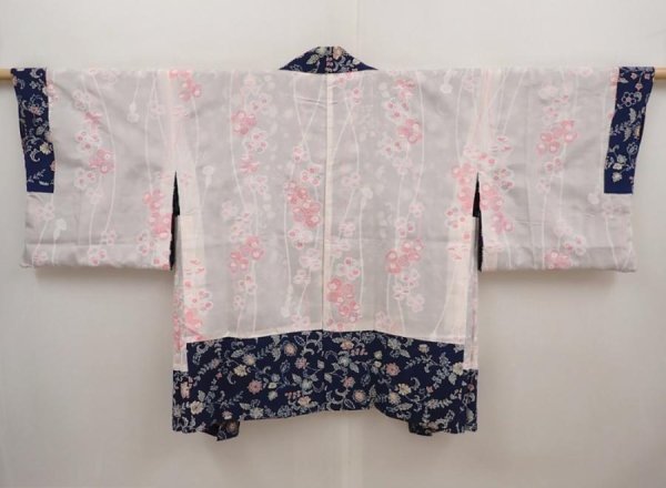 Photo7: 6713T11z400 Vintage Japanese Kimono Silk HAORI Flowers Navy (7)