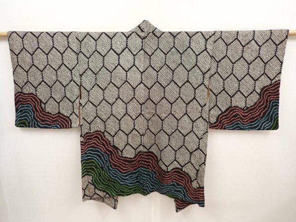 Photo1: 6713T12z590 Vintage Japanese Kimono Silk SHIBORI HAORI  Black (1)