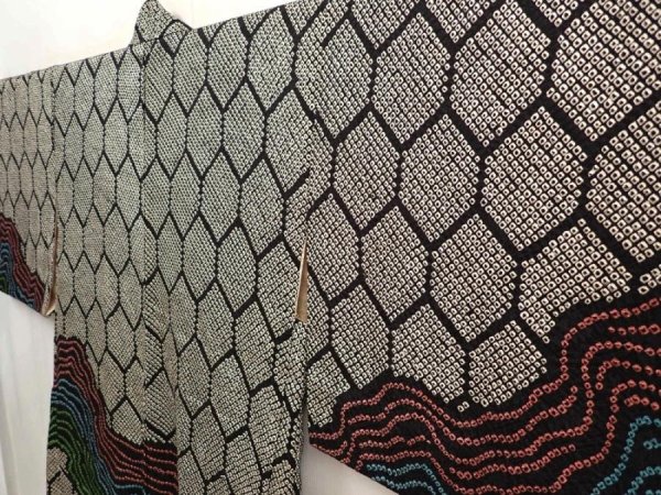 Photo2: 6713T12z590 Vintage Japanese Kimono Silk SHIBORI HAORI  Black (2)